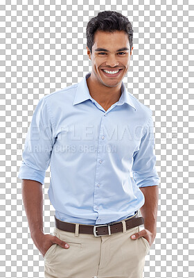 Buy stock photo Business man, portrait and hands in pocket isolated on a transparent png background. Confidence, professional and happy entrepreneur, accountant or auditor from Brazil with pride for corporate career