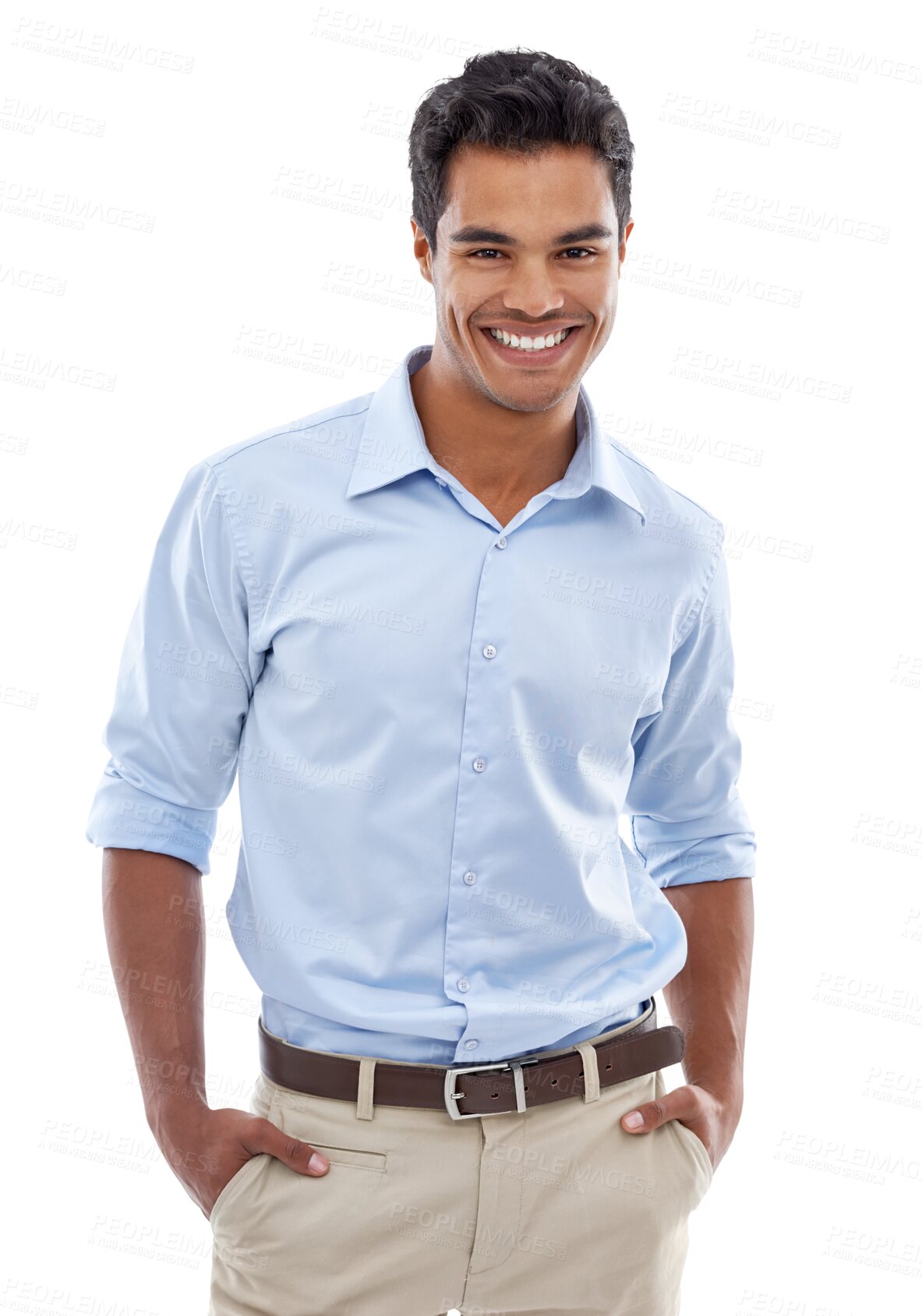 Buy stock photo Business man, portrait and hands in pocket isolated on a transparent png background. Confidence, professional and happy entrepreneur, accountant or auditor from Brazil with pride for corporate career