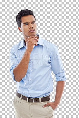 Buy stock photo Thinking, vision and business man for ideas, inspiration or decision transparent, png background. Young professional worker, model or person from Mexico for brainstorming, questions or confused emoji