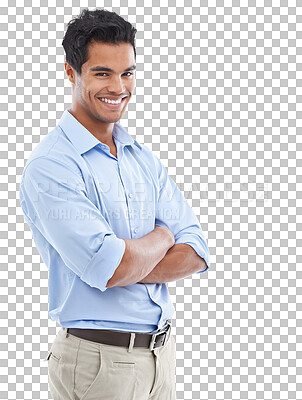 Buy stock photo Accountant, portrait and business man with arms crossed isolated on a transparent png background. Confidence, professional auditor and happy entrepreneur from Brazil with pride for corporate career.