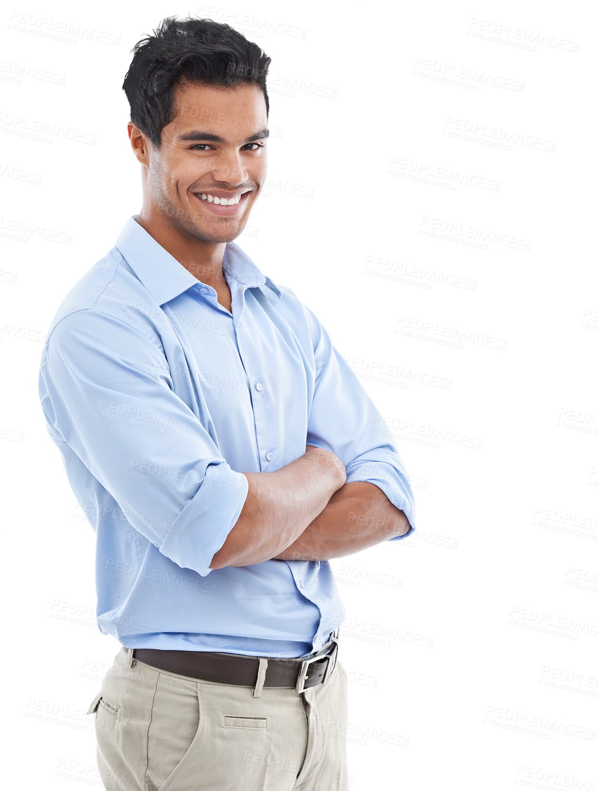 Buy stock photo Accountant, portrait and business man with arms crossed isolated on a transparent png background. Confidence, professional auditor and happy entrepreneur from Brazil with pride for corporate career.