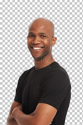 Buy stock photo Face, portrait of a black man with his arms crossed and happy isolated against a transparent png background. Confident or proud, Kenya or happiness and young African male person pose with a smile