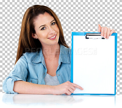 Buy stock photo Isolated woman, blank clipboard and portrait with point, smile and mockup space by transparent png background. Girl, checklist and happy for recruitment, volunteer sign up or signature for petition