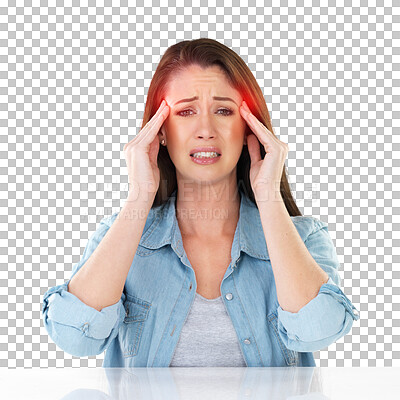 Buy stock photo Isolated woman, portrait and stress headache with hands, massage and transparent png background. Girl, model or student with pain, fatigue and worry for exam, test and red glow for medical problem