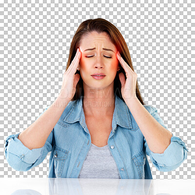 Buy stock photo Isolated woman, eyes closed or stress headache with hands, massage or transparent png background. Girl, model or student with pain, fatigue or worry for exam, tired and red glow for medical problem