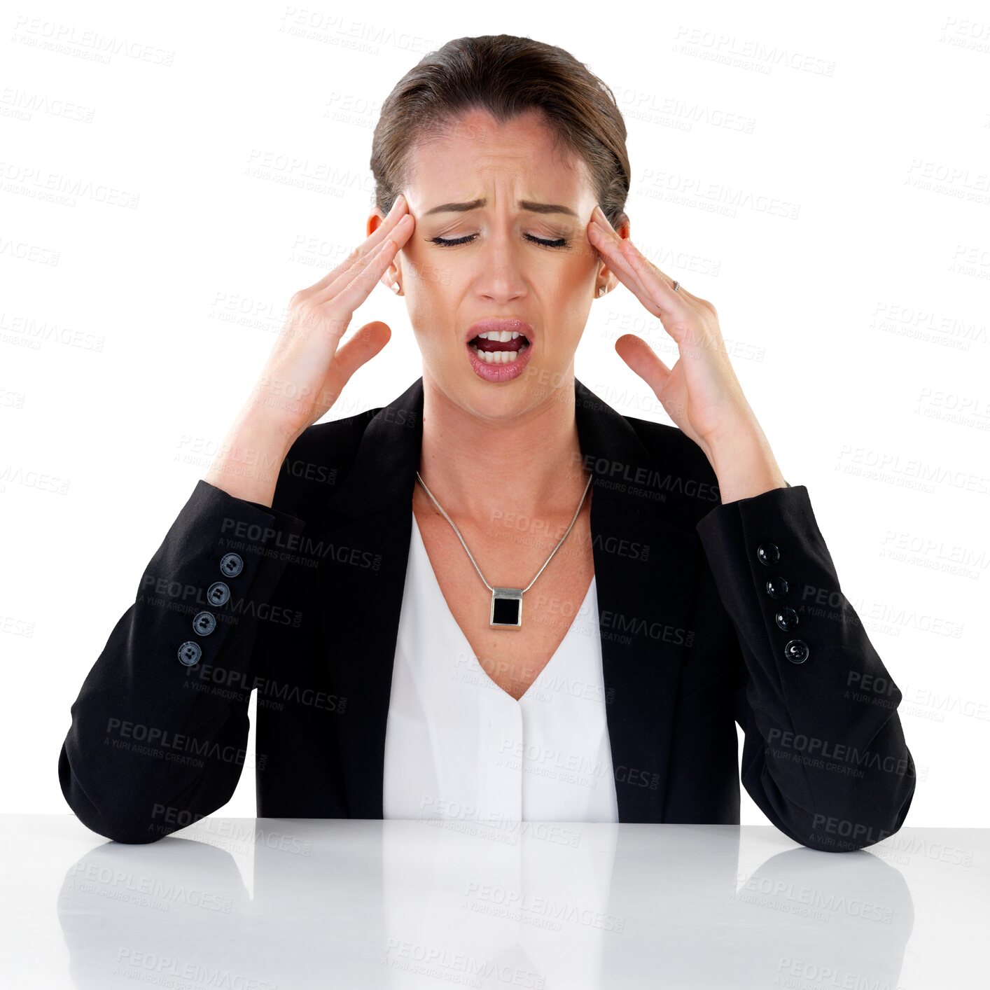 Buy stock photo Business woman, headache and anxiety in pain, stress or depression isolated on a transparent PNG background. Frustrated female person in burnout from debt, mental health or financial bankruptcy
