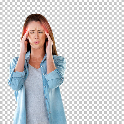 Buy stock photo Woman, headache and pain in stress, anxiety or depression isolated on a transparent PNG background. Frustrated female person with sore head from debt, mental health or bankruptcy in financial crisis