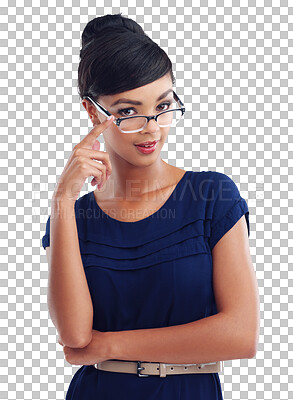 Buy stock photo Confident, glasses and portrait of a business woman isolated on a transparent, png background. Professional african person, young secretary or receptionist with eye care and corporate fashion 