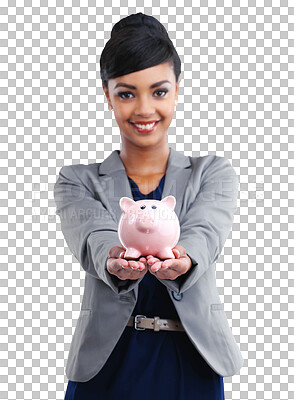 Buy stock photo Portrait, woman or piggy bank for savings, money for investment or businesswoman on isolated, transparent or png background. Invest, cash or budget management for financial growth or person investing