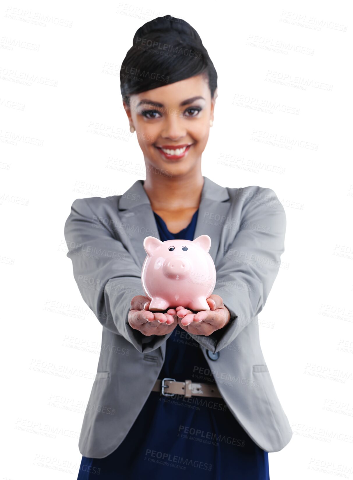 Buy stock photo Portrait, woman or piggy bank for savings, money for investment or businesswoman on isolated, transparent or png background. Invest, cash or budget management for financial growth or person investing