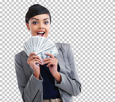 Buy stock photo Rich, portrait of a woman with cash and isolated in a transparent png background. Capital or money, investment or accountant and professional female entrepreneur with banknotes happy with a smile