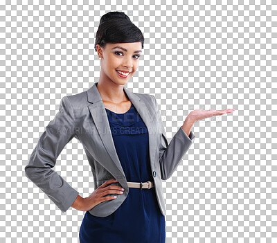 Buy stock photo Portrait, palm and business woman advertising space isolated on a transparent, png background. Professional african person hand for corporate announcement, happy presentation or product information 