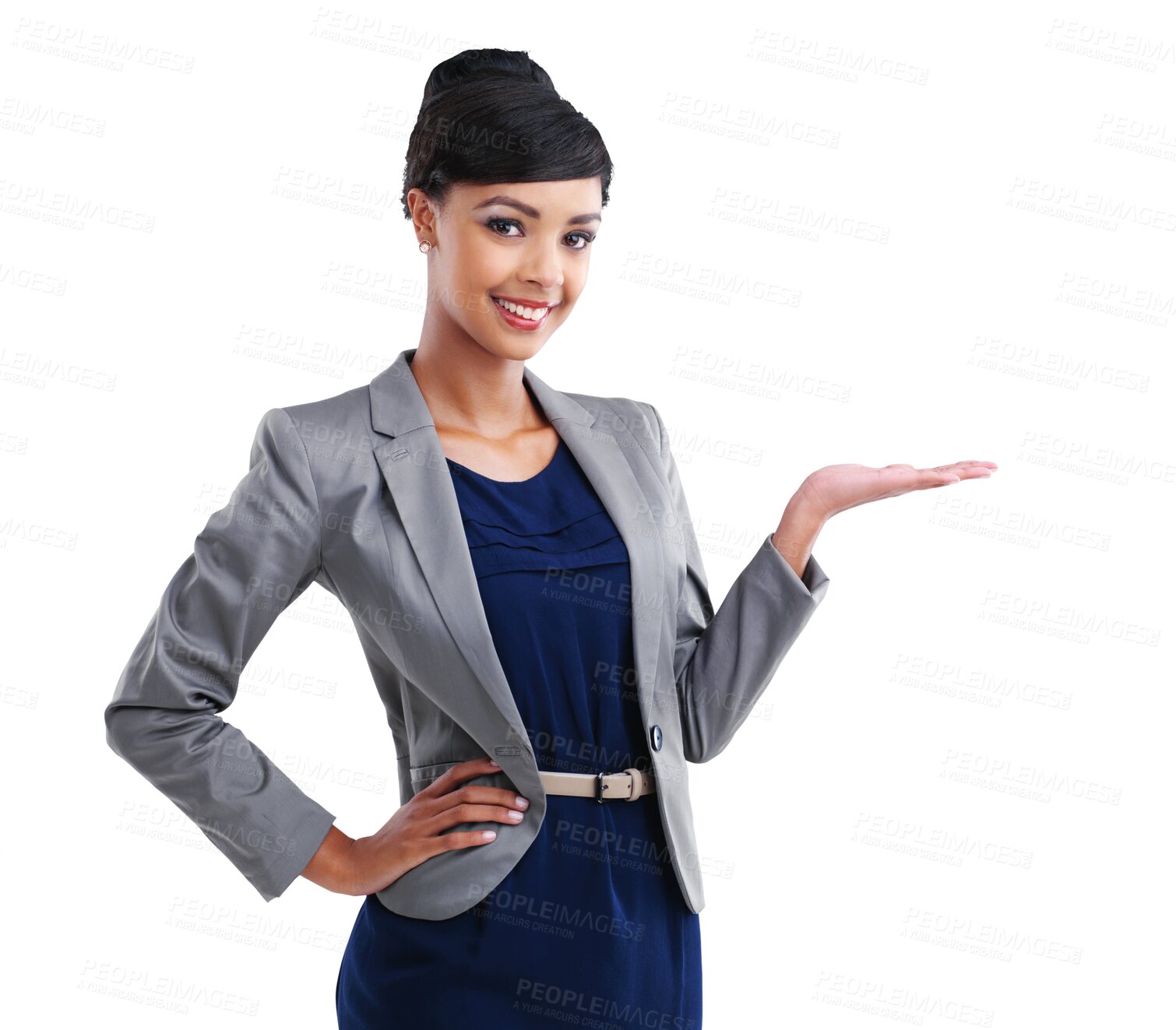 Buy stock photo Portrait, palm and business woman advertising space isolated on a transparent, png background. Professional african person hand for corporate announcement, happy presentation or product information 