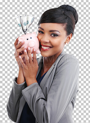 Buy stock photo Portrait, woman or money in piggy bank for savings or investment of businesswoman on isolated, transparent or png background. Invest, cash or financial management for growth and person investing