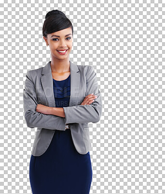 Buy stock photo Smile, arms crossed and portrait of business woman isolated on a transparent, png background. Professional african person with confidence, formal fashion clothes and career pride as corporate lawyer