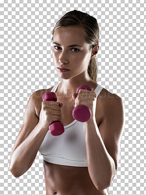 Buy stock photo Serious, woman and dumbbells for workout at gym in png or isolated or transparent background. Fitness, training and girl with exercise equipment for workout at health club, strong muscles or cardio.