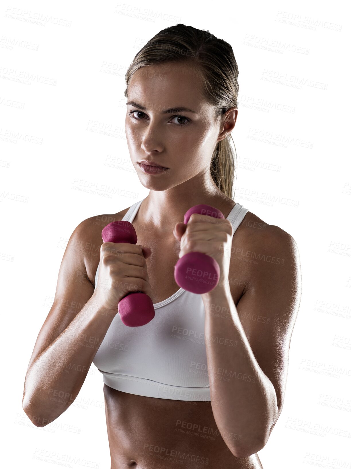 Buy stock photo Serious, woman and dumbbells for workout at gym in png or isolated or transparent background. Fitness, training and girl with exercise equipment for workout at health club, strong muscles or cardio.