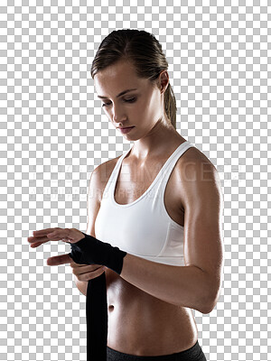 Buy stock photo Woman, boxer and strap gloves for fighting preparation isolated on a transparent PNG background. Determined, fit or sport female person tying glove getting ready in fight, fitness or training workout