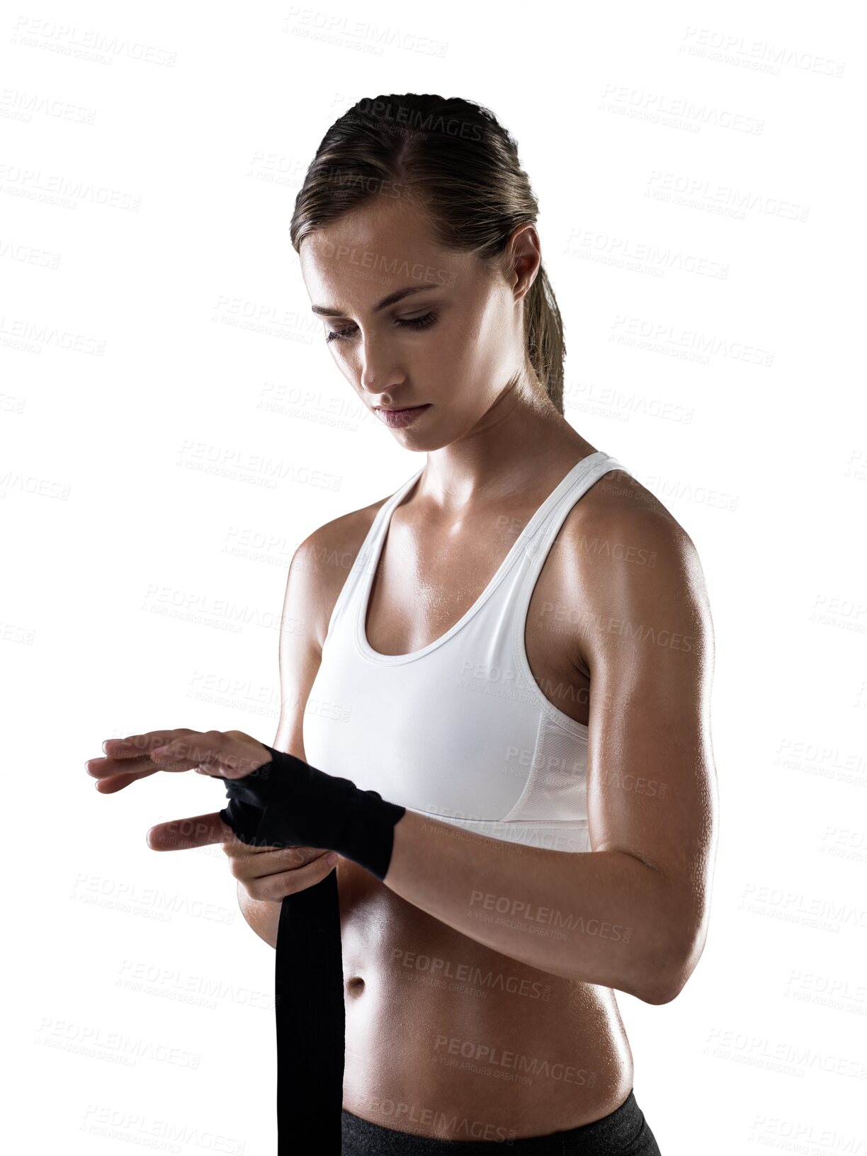 Buy stock photo Woman, boxer and strap gloves for fighting preparation isolated on a transparent PNG background. Determined, fit or sport female person tying glove getting ready in fight, fitness or training workout