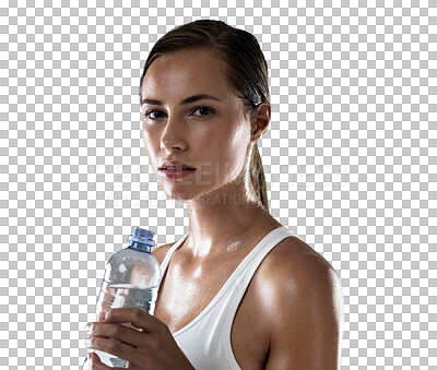 Buy stock photo Woman in portrait, water bottle and health, fitness with wellness and sweating isolated on transparent png background. Female athlete drink h2o after workout, healthy and thirsty with hydration