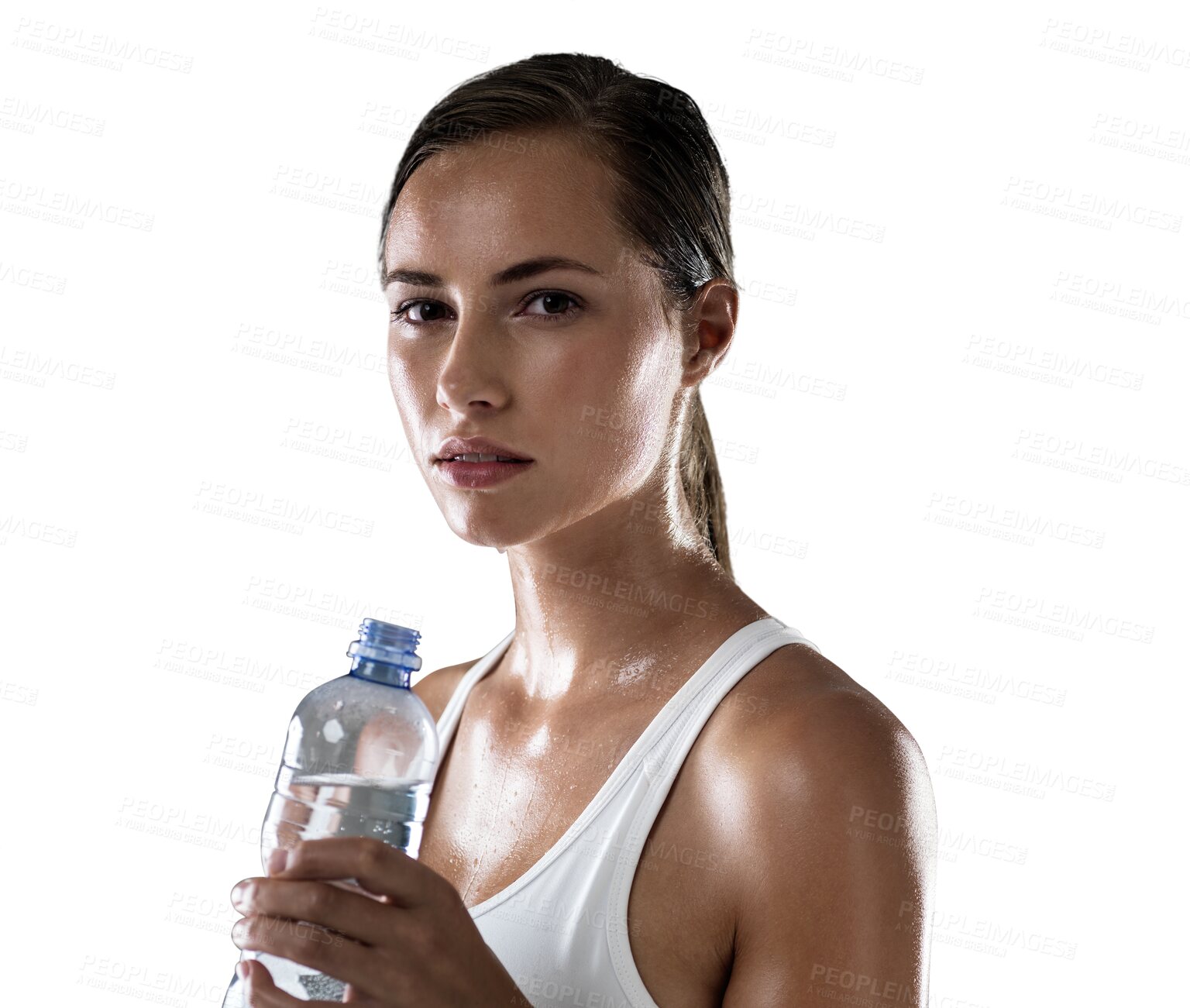 Buy stock photo Woman in portrait, water bottle and health, fitness with wellness and sweating isolated on transparent png background. Female athlete drink h2o after workout, healthy and thirsty with hydration