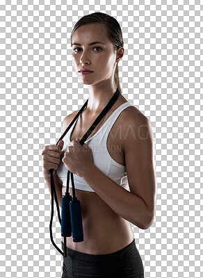 Buy stock photo Serious woman, portrait and fitness with skipping rope for cardio exercise isolated on a transparent PNG background. Fit, active and sporty female person with jumping ropes on neck for healthy body