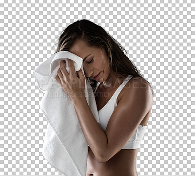 Buy stock photo Towel, sweating and fitness woman for training, exercise and challenge or goals in sports or health. Cleaning, tired and gym person or athlete for workout isolated on transparent, png background