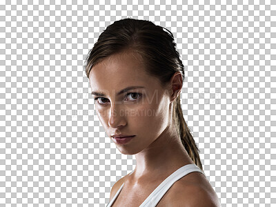 Buy stock photo Fitness, portrait or woman with serious face in training, workout or exercise for health or wellness. Fighter, relax or sports girl athlete ready for exercising isolated on transparent png background