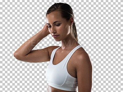 Buy stock photo Relax, thinking or woman on fitness break fixing hair in training, workout or exercise for wellness. Thoughtful, sports idea or tired girl with fatigue resting isolated on transparent png background