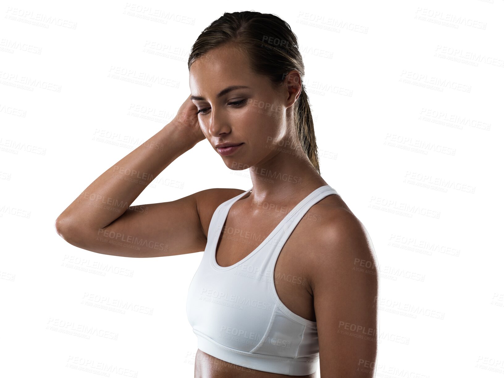 Buy stock photo Relax, thinking or woman on fitness break fixing hair in training, workout or exercise for wellness. Thoughtful, sports idea or tired girl with fatigue resting isolated on transparent png background