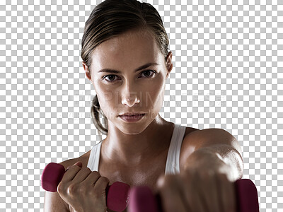 Buy stock photo Fitness, dumbbells and focus with girl in portrait in png or isolated in transparent background with goals. Serious face, workout and dumbbell for training with female person at gym in closeup.