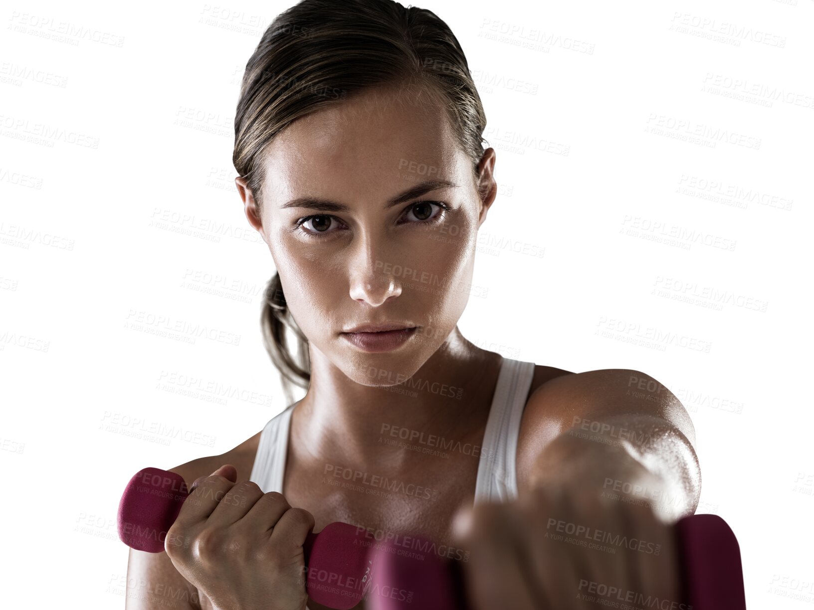 Buy stock photo Fitness, dumbbells and focus with girl in portrait in png or isolated in transparent background with goals. Serious face, workout and dumbbell for training with female person at gym in closeup.