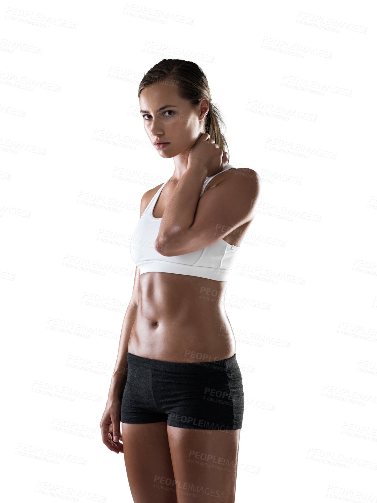 Buy stock photo Neck pain, portrait or sports woman with injury on accident in exercise or painful fitness workout. Injured girl athlete with stress, inflammation or tendinitis isolated on transparent png background