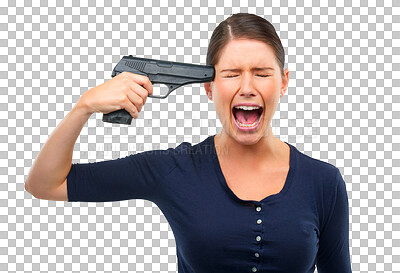 Buy stock photo Mental health, gun and suicide with a woman screaming isolated on transparent background feeling hopeless. Anxiety, depression and death with a frustrated young female person holding a weapon on PNG