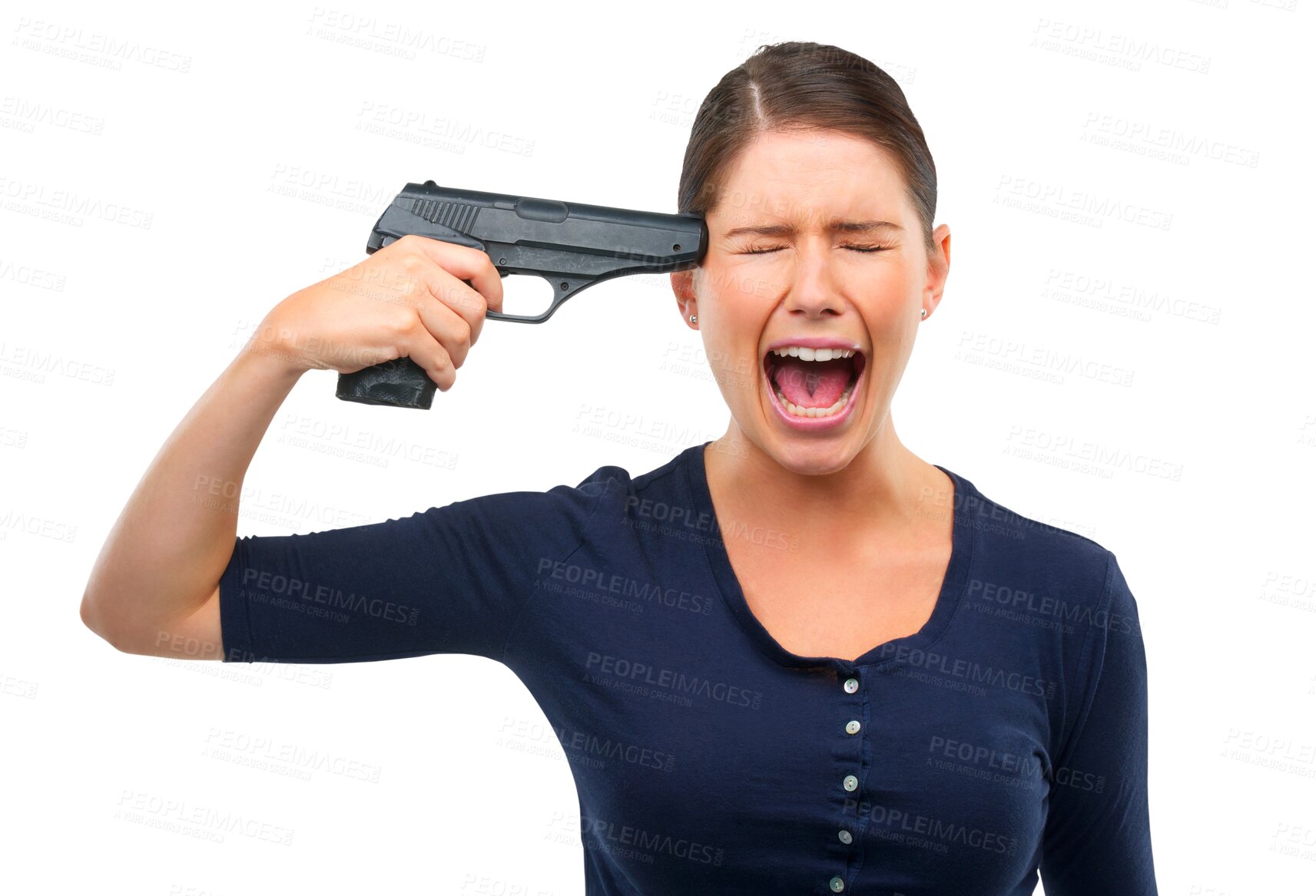 Buy stock photo Mental health, gun and suicide with a woman screaming isolated on transparent background feeling hopeless. Anxiety, depression and death with a frustrated young female person holding a weapon on PNG