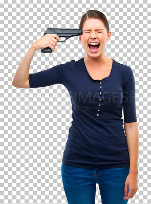 Buy stock photo Mental health, gun and suicide with a woman screaming isolated on transparent background feeling hopeless. Anxiety, depression and death with a frustrated young female person holding a pistol on PNG