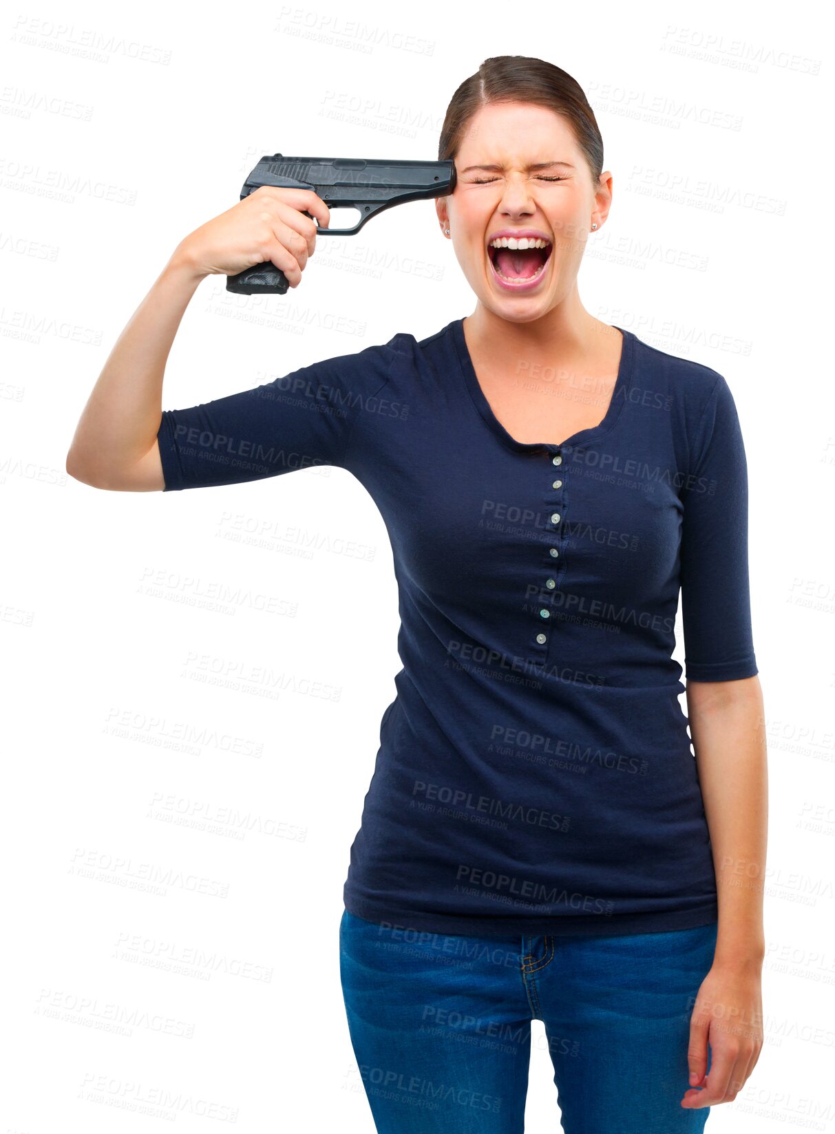 Buy stock photo Mental health, gun and suicide with a woman screaming isolated on transparent background feeling hopeless. Anxiety, depression and death with a frustrated young female person holding a pistol on PNG