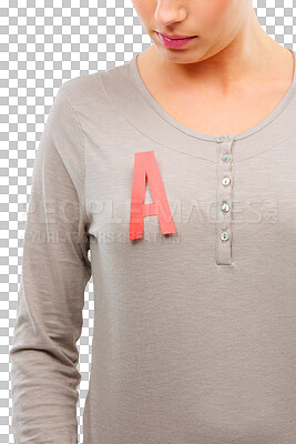 Buy stock photo Shirt, red letter A and woman isolated on a transparent png background. Clothes, fashion and young female person with vowel, consonant or grade on her stylish, trendy and fashionable outfit.