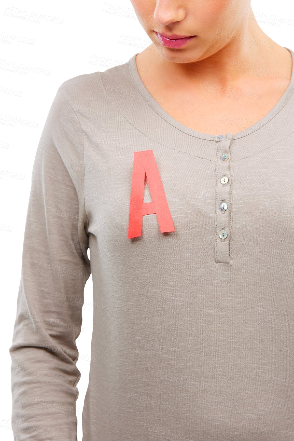 Buy stock photo Shirt, red letter A and woman isolated on a transparent png background. Clothes, fashion and young female person with vowel, consonant or grade on her stylish, trendy and fashionable outfit.