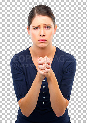 Buy stock photo Praying, portrait and sad woman asking for help, hope and support, charity or religion isolated on transparent png background. Face, depression and young person with prayer hands or emoji for worship