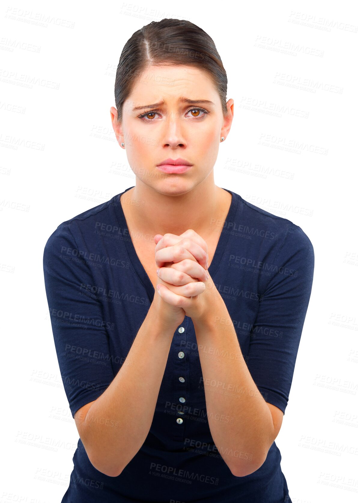 Buy stock photo Praying, portrait and sad woman asking for help, hope and support, charity or religion isolated on transparent png background. Face, depression and young person with prayer hands or emoji for worship