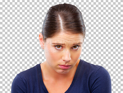 Buy stock photo Woman, portrait with ashamed face and sorry, mistake or fail with regret and sad isolated on transparent png background. Female person with anxiety, facial expression and embarrassed, shy and guilty