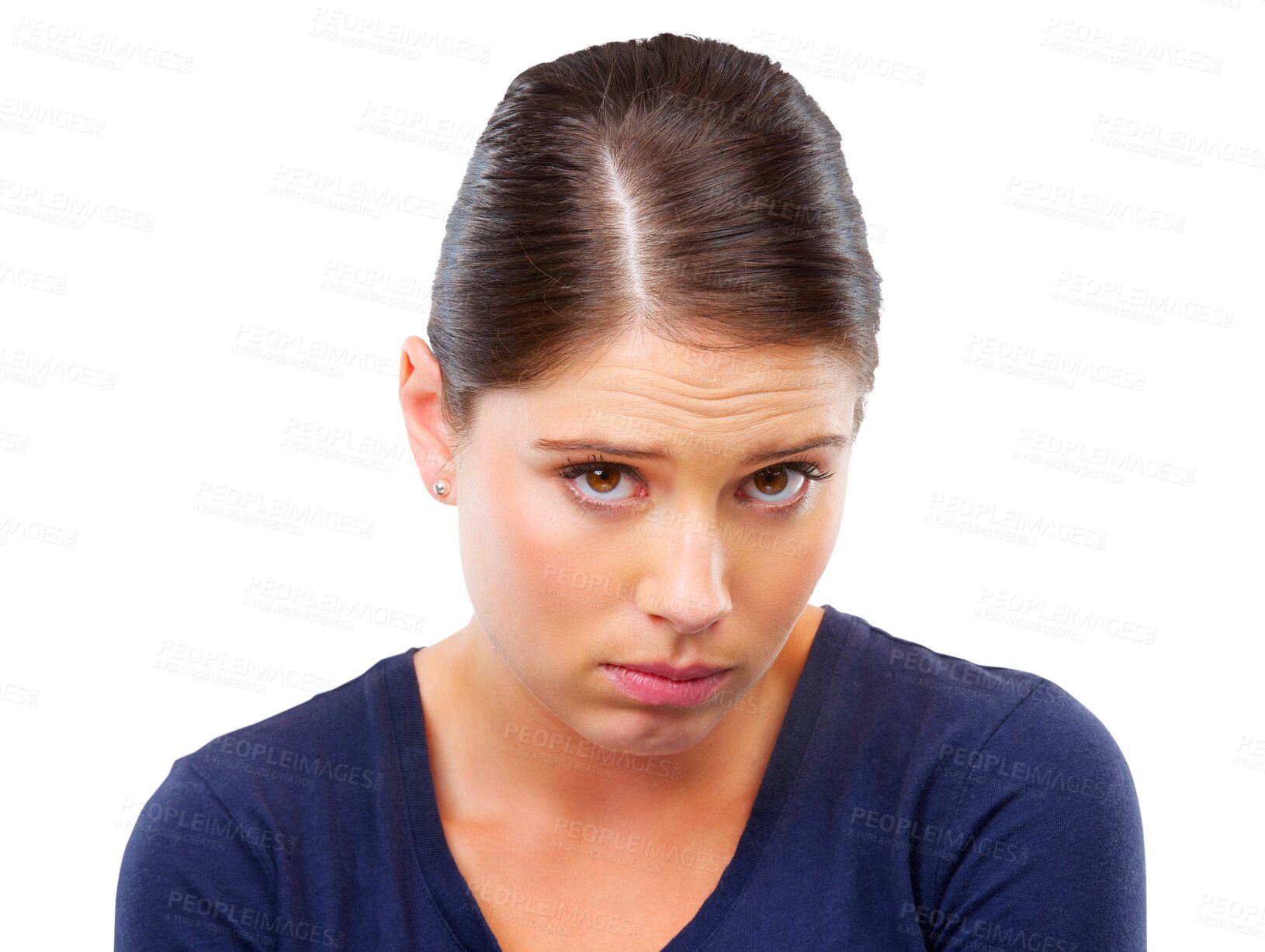 Buy stock photo Woman, portrait with ashamed face and sorry, mistake or fail with regret and sad isolated on transparent png background. Female person with anxiety, facial expression and embarrassed, shy and guilty