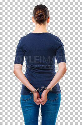 Buy stock photo Arrest, handcuffs and criminal with back of woman on transparent background for law, prisoner and illegal. Guilty, jail and security with person in chains isolated on png for  thief, crime or justice