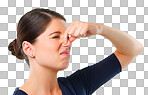 Holding nose, disgust or woman frustrated by bad smell or odor isolated on transparent png background. Face, bad breath or girl with gross, smelly or disgusted expression for stink, scent or aroma 