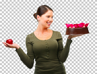 Buy stock photo Cake, apple and happy with woman and diet on transparent background for health, nutrition and wellness. Food, fruit and dessert with person and choice isolated on png for weight loss decision