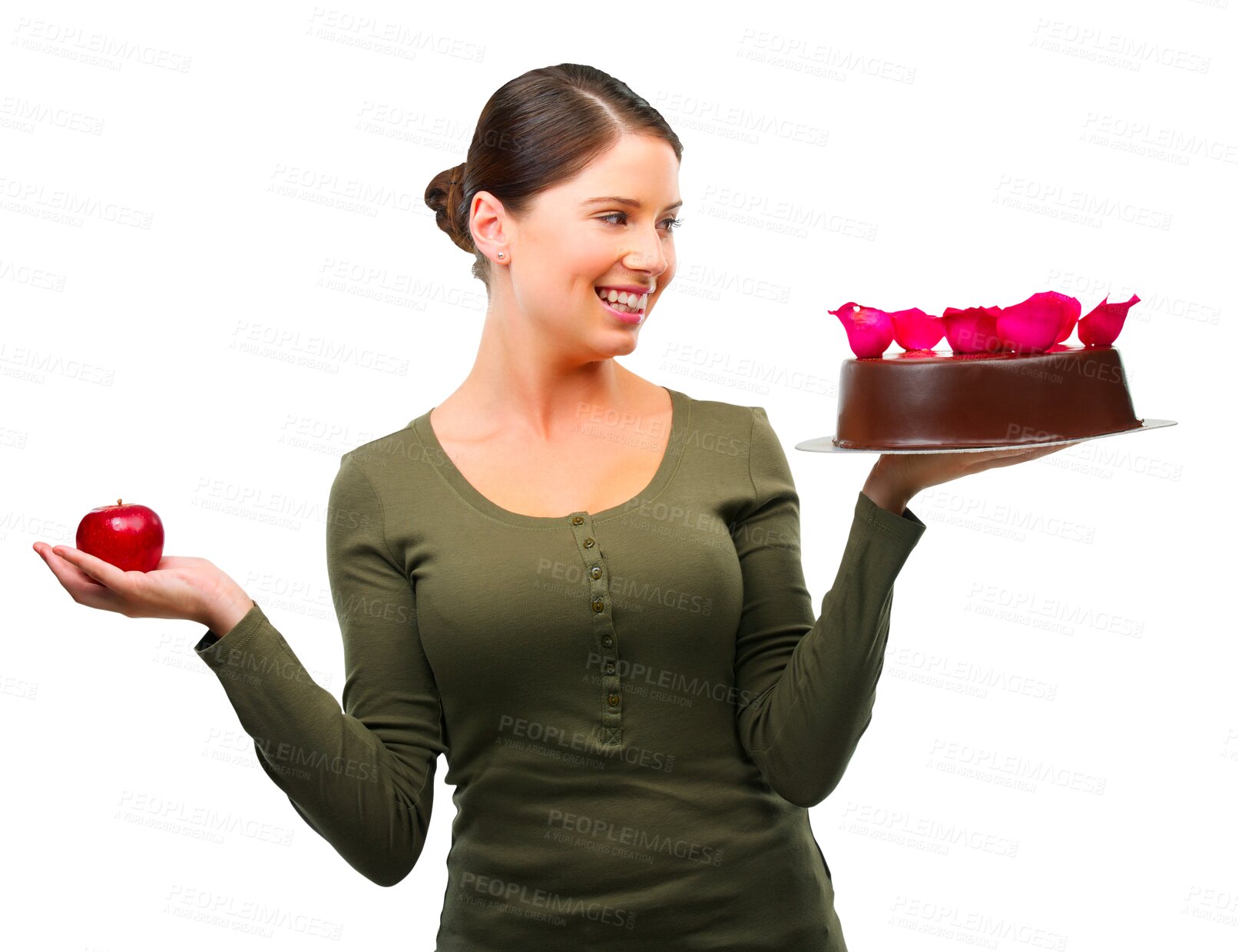 Buy stock photo Cake, apple and happy with woman and diet on transparent background for health, nutrition and wellness. Food, fruit and dessert with person and choice isolated on png for weight loss decision