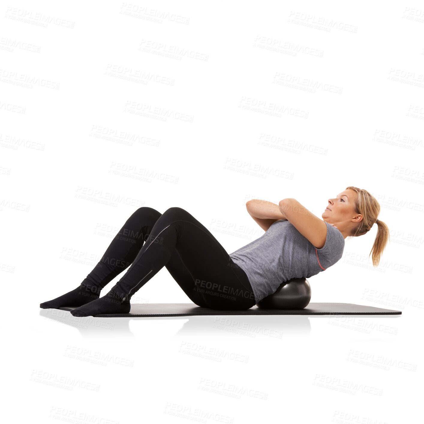 Buy stock photo Fitness, woman on pilates mat and medicine ball and isolated on a transparent png background for health wellness. Workout or training, sportswear and female athlete exercise with gym equipment.