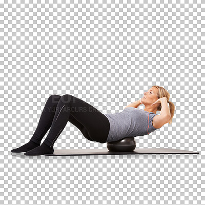 Buy stock photo Exercise, ball and woman training core strength with equipment isolated in a transparent or png background. Sit ups, wellness and healthy female person workout for fitness, health and sports 