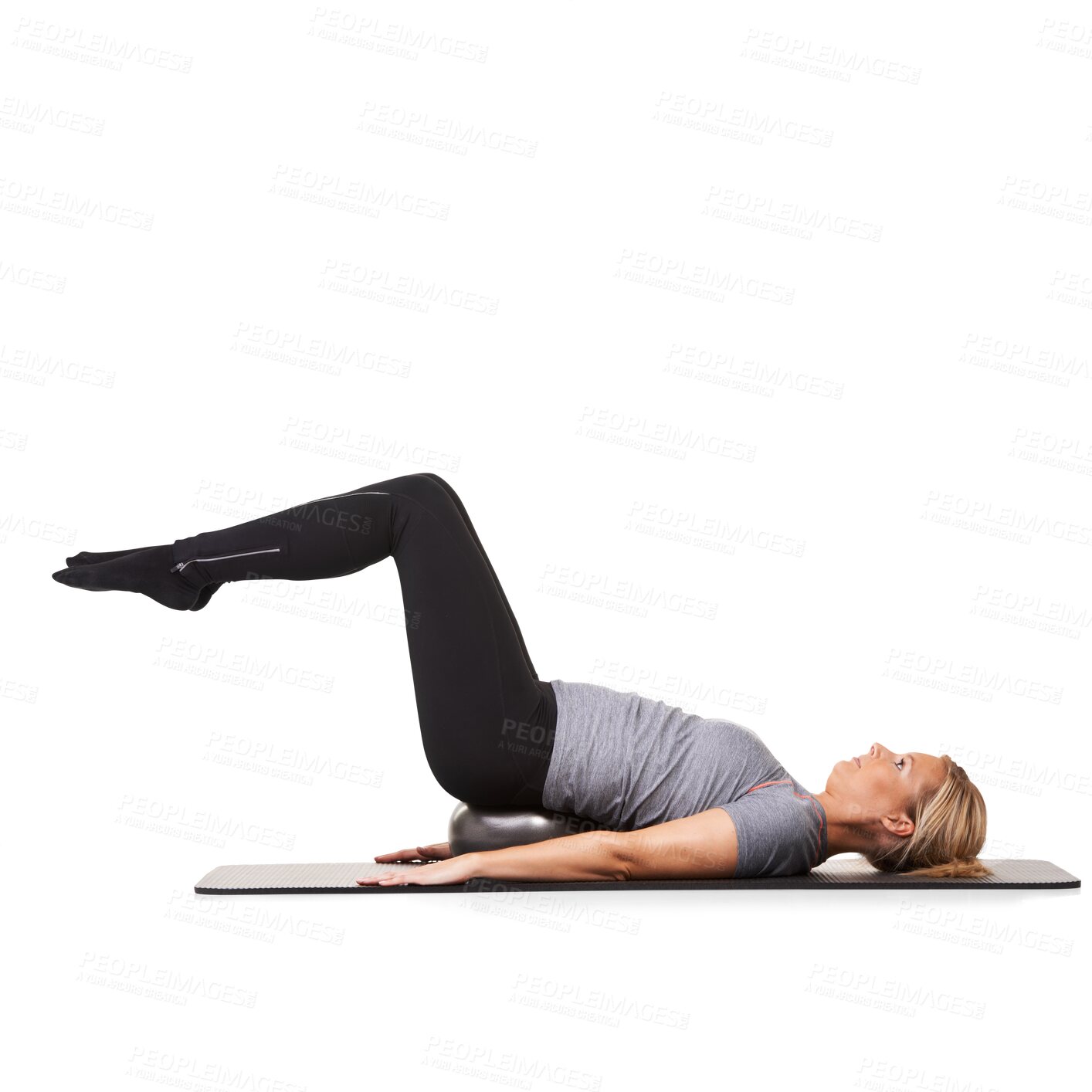 Buy stock photo Floor, exercise ball and woman with fitness, wellness and model isolated on a transparent background. Female person, athlete or girl with png, ground or stretch legs with wellness or pilates training